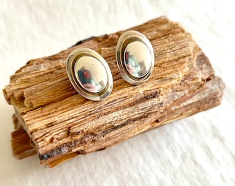Modernist Mexican Earrings Mixed Metal Oval Posts Layered Sterling Silver and Brass Vintage Modern Taxco Mexico Jewelry
