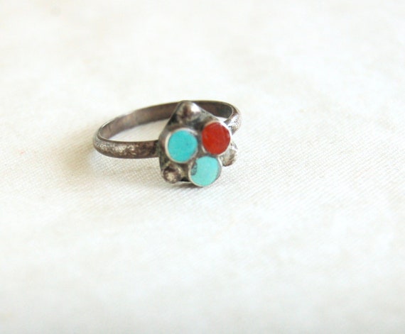 Huge Turquoise and Red Coral Ring Size 7 .25 Vintage Sterling Silver Southwest Flower Succulent Boho Statement Jewelry