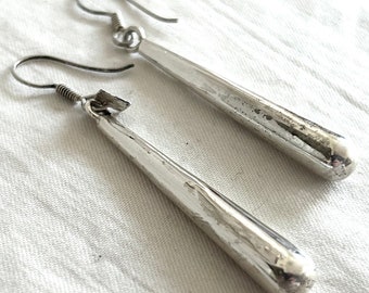 Mexican Teardrop Earrings Long Plain Sterling Silver Dangles Vintage Pod Tear Drops Hecho en Mexico