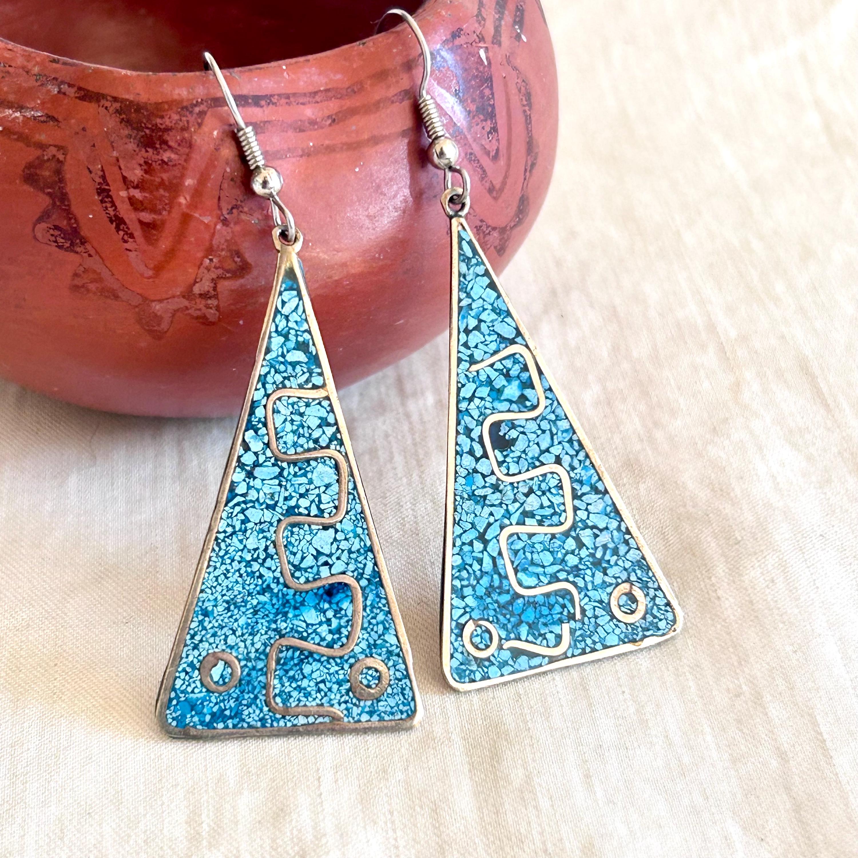 Abstract Mexican Triangle Earrings Vintage Alpaca Blue Resin