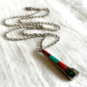 Vintage Zuni Necklace Sterling Silver Inlaid Turquoise Red Coral Onyx Stone Pendant on 18 Inch Chain Artist Signed