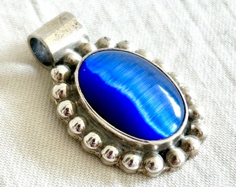 Blue Cats Eye Pendant Vintage Mexican Sterling Silver Oval Slider Necklace Finding Hecho en Mexico