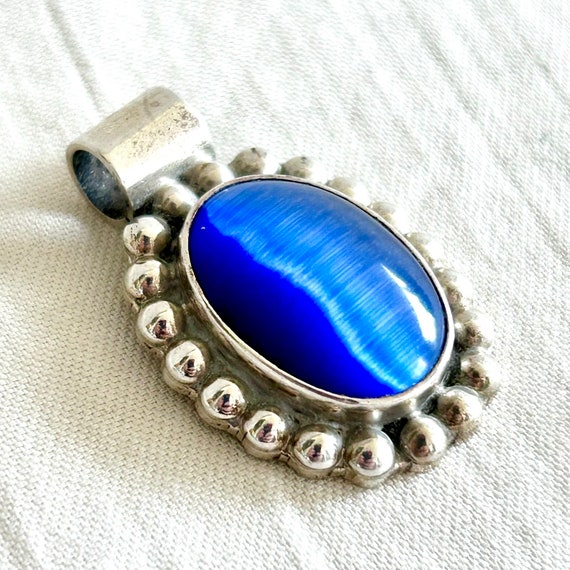 Blue Cats Eye Pendant Vintage Mexican Sterling Si… - image 1