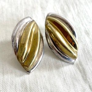 Mexican Modernist Earrings Large Sterling Silver and Brass Vintage Laton Mixed Metal Abstract Leaves 1980s Taxco Mexico