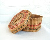 Vintage Lidded Basket Mexican Woven Straw Box Multicolored Rustic Container