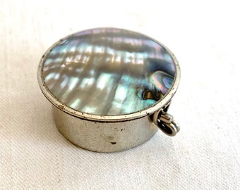 Vintage Mexican Jewelry Box Abalone and Alpaca Pillbox Tiny Round Container Engagement Ring Box Beach Wedding