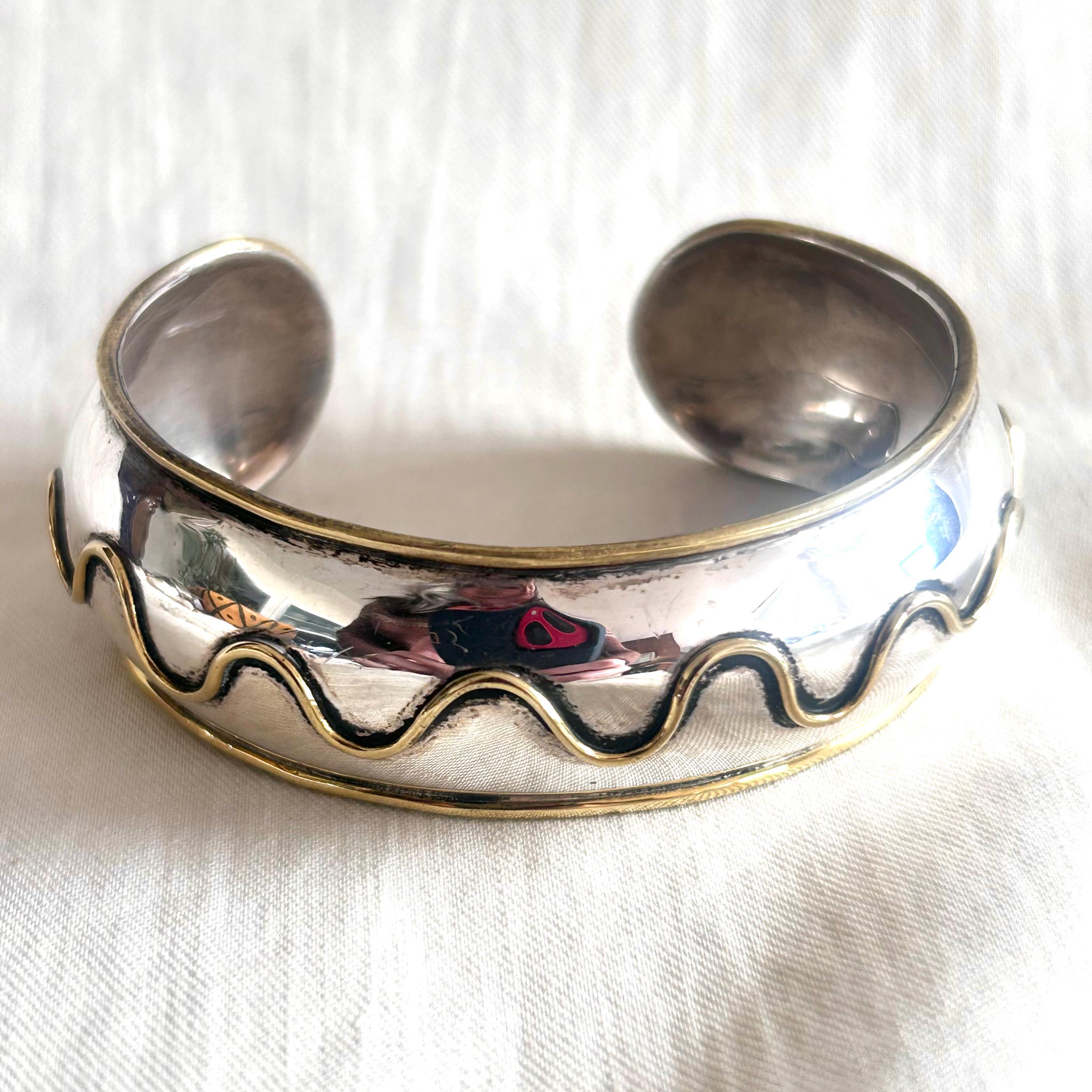 Vintage Mexican Mixed Metal Cuff Bracelet: Sterling Silver & Brass