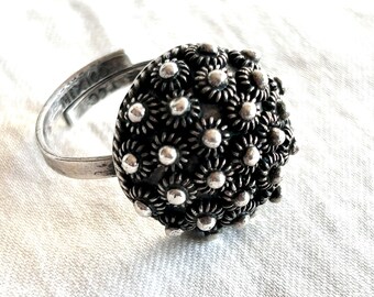 Mexican Dome Ring Etruscan Style Sea Urchin Statement Jewelry Adjustable Size 7 Ornate Round Puff Old Mexico