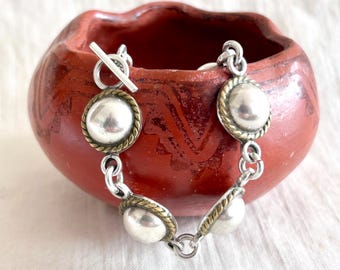 Mexican Sterling Silver Beaded Tennis Bracelet: Vintage Solid Mixed Metal Dome Chain