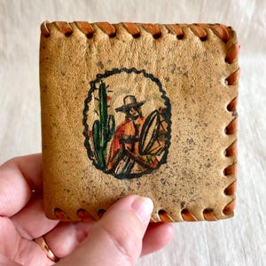 Antike Leder Geldbörse handbemalte Wüste Squash Blüte Kaktus Damen Brieftasche Brieftasche handgefertigt Midcentury Southwest Folk Art Western Cowgirl