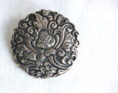 Art Nouveau Brooch Pin Sterling Silver Vintage Round Repousse Floral William Morris Style Gift for Her