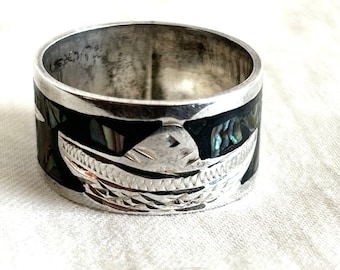 Mexican Cowboy Ring Band Size 9 Vintage Sterling Silver Abalone Sombrero Spurs Vaquero Cigar Band Made in Mexico