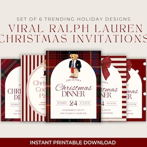 May include: Set of six Christmas invitations with a Ralph Lauren theme. The designs feature plaid, stripes, and polka dots in red and white. One invitation includes a teddy bear wearing a blazer. Text includes "Christmas Dinner" and "Instant Printable Download."