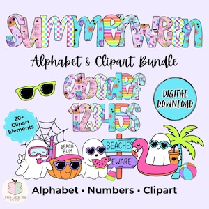 Può includere: Un pacchetto digitale di alfabeto e clipart a tema estivo. L'immagine presenta la parola "Summerween" in lettere colorate, insieme a lettere dell'alfabeto, numeri e vari elementi di clipart come fantasmi, occhiali da sole e un galleggiante fenicottero.