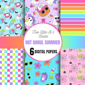 May include: Six digital papers with a summer theme. The designs include ghosts with sunglasses, beach balls, and palm trees. Other patterns feature checkered designs, stripes, and spiderwebs. The text "Hot Ghoul Summer" is displayed in a circle.