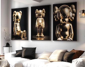 Juego de 3 láminas doradas con personajes, decoración de arte urbano moderno (descarga digital)