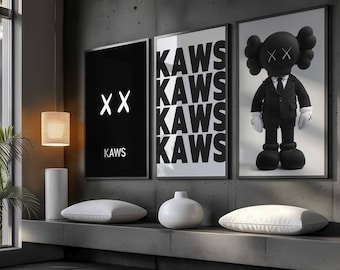 Juego de 3 pósteres estilo Kaws, láminas de arte urbano minimalista, decoración de pared Hypebeast, arte urbano moderno en blanco y negro, descarga digital.