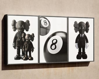 May include: A triptych art piece featuring three framed panels. The left panel shows two figures in black suits with X-shaped eyes. The center panel displays two black 8-ball pool balls. The right panel shows a single figure in a black suit.
