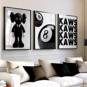 Hypebeast Kaws Pop Art Poster Set of 3 | Black & White Wall Art | Suit Kaws, Logo , 8 Ball Prints | Urban Street Fashion Room Decor