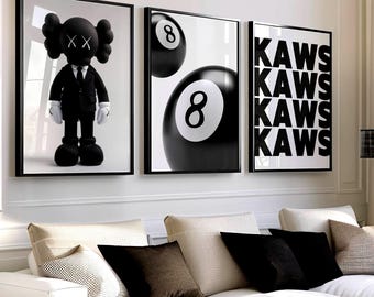 Set de 3 pósteres Hypebeast Kaws Pop Art / Arte de pared en blanco y negro / Traje Kaws, logotipo, estampados de bola 8 / Decoración urbana para habitación