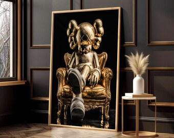 Lámina decorativa con diseño de personaje en oro metálico, estilo Kaws moderno y lujoso para pared (descarga digital).