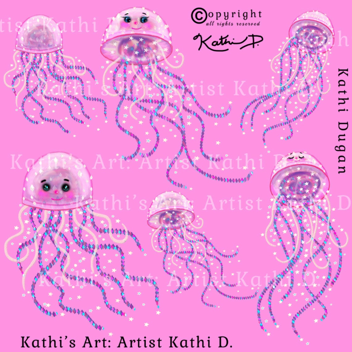 Fish 4 Pink Jellyfish Clip Art Set Instant Download, TIFF, PSD, PNG Zip ...