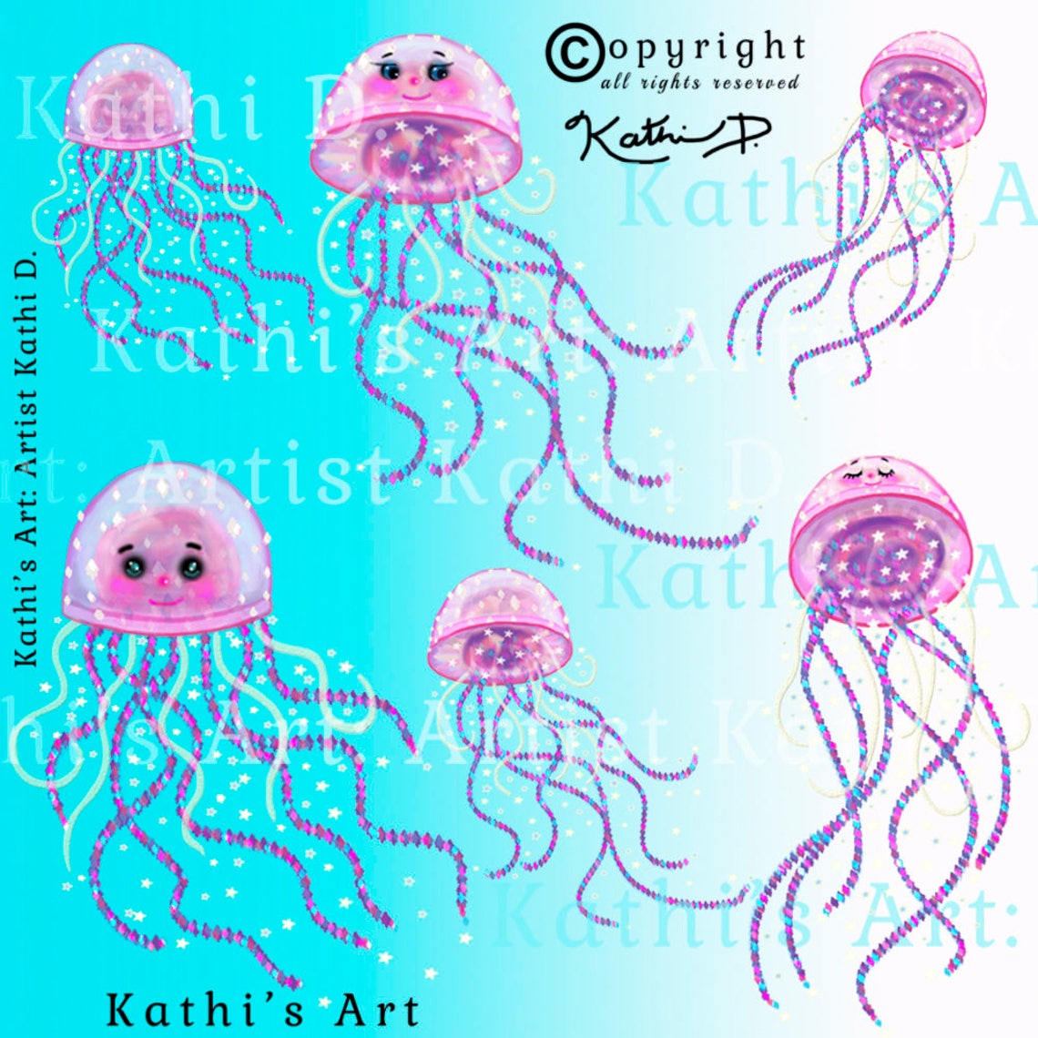 Fish 4 Pink Jellyfish Clip Art Set Instant Download, TIFF, PSD, PNG Zip ...