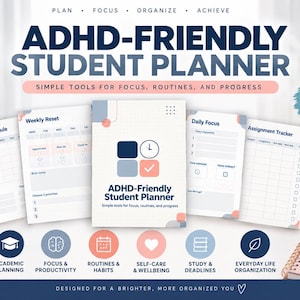 May include: An ADHD-Friendly Student Planner with 63 planning pages, featuring a central cover and various internal layouts like class schedules, weekly resets, daily focus, assignment trackers, and self-care check-ins, all editable in Canva.