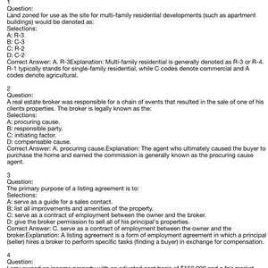 Op de afbeelding: Een zwart-wit document getiteld "Real Estate Practice Exam: Questions & Detailed Answers". Het document bevat meerkeuzevragen en antwoorden over vastgoed.