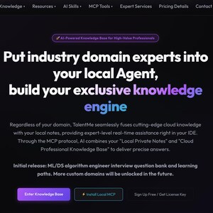 May include: A dark-themed website interface for TalentMe featuring white text that reads: Put industry domain experts into your local Agent, build your exclusive knowledge engine. It includes navigation menus, buttons, and descriptive paragraphs.