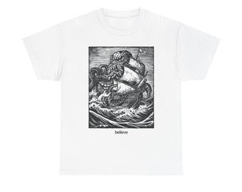 Illustrazione del mostro marino Kraken / Stampa su legno di una nave vintage Believe