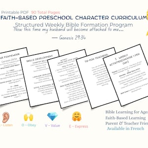 Może przedstawiać: Drukowany w formacie PDF program nauczania dla przedszkolaków oparty na postaciach, łącznie 90 stron. Program nauczania obejmuje cotygodniowe programy formacji biblijnej, ramy miłości, rozwój umiejętności i zajęcia. Tekst zawiera "Faith-Based Preschool Character Curriculum".