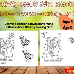 Puede incluir: Tarjetas para colorear de la natividad de doble cara para niños de 3 a 6 años. Las tarjetas presentan ilustraciones en blanco y negro de ángeles, María y árboles de Navidad, con texto en inglés y francés.