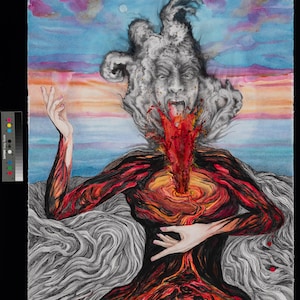 May include: A watercolor painting depicts a figure with a face of smoke and a fiery eruption from the chest. The artwork features a vibrant color palette of red, orange, and blue, with a surreal and dramatic theme.