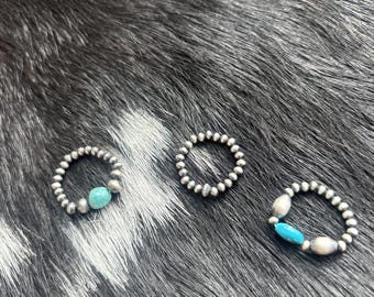 Sterling Silver Desert Pearl Stretch Rings with Natural Turquoise