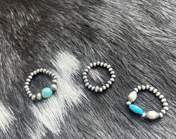 Sterling Silver Desert Pearl Stretch Rings with Natural Turquoise