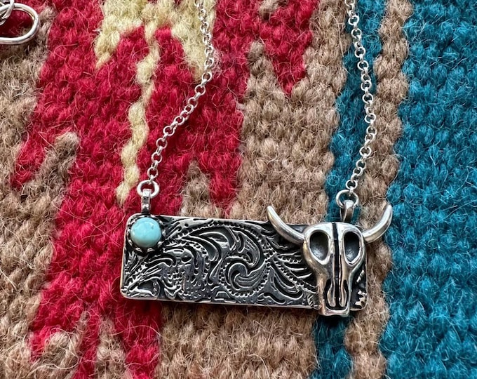 Wild One Bull Handmade Sterling Silver Turquoise Bar Necklace