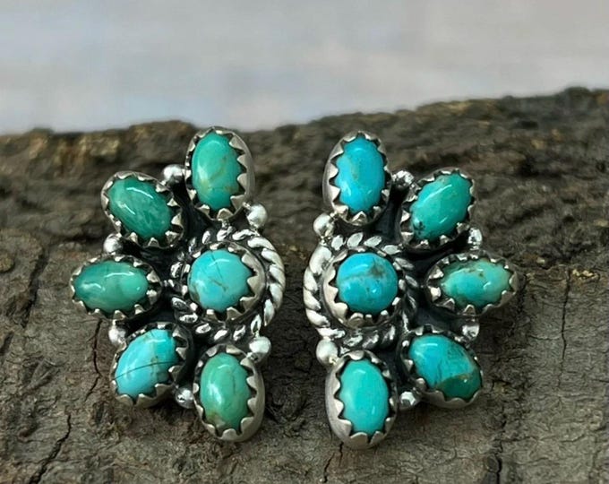 Handmade Sterling Silver Kingman Turquoise Post Studs Earrings "Signed Nizhoni"