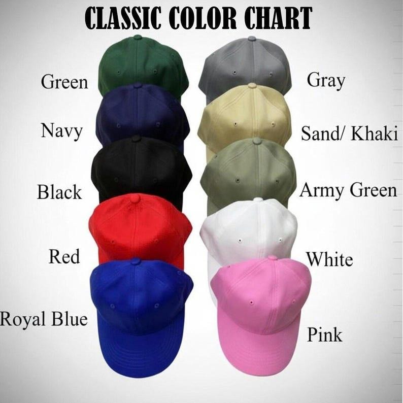 May include: A collection of baseball caps in various colors, including green, navy, black, red, royal blue, gray, sand/khaki, army green, white, and pink. The text "CLASSIC COLOR CHART" is displayed at the top.