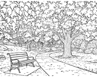 Fall Park & Bench Coloring Page
