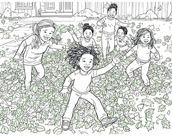 Children Playing in Leaves Coloring Page
