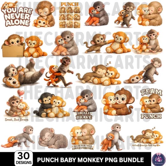 Punch Baby Monkey PNG Bundle, Viral Emotional Plush Monkey Pack, Lonely Cute Wildlife Graphics, Dear Punch Inspired Digital Download
