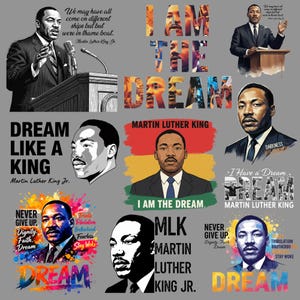 May include: A collage of images featuring Martin Luther King Jr. in various poses and styles. Some images are portraits, others show him speaking. Text includes quotes like "I Have a Dream" and "Dream Like a King."