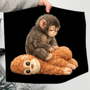 May include: A digital art print featuring a baby monkey with closed eyes, sitting on top of a brown teddy bear. The monkey has brown fur and a light-colored face. The teddy bear has a smiling face and is lying down on a black background.