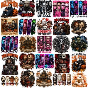 May include: A collection of graphic designs featuring horror movie characters, haunted houses, and pumpkins with text including Just Waiting For Halloween, The Boys Of Fall, Legends Never Die, Spooky Season, and In October We Wear Pink.