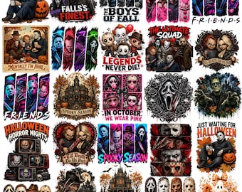 Pacote de PNGs de Terror de Halloween, PNGs da Temporada Assustadora, PNGs de Halloween Retrô, PNGs de Personagens de Terror de Halloween, Design de Camiseta de Halloween, Download Instantâneo