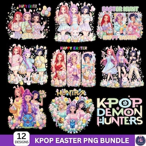Może przedstawiać: Kolekcja 12 projektów PNG KPop Easter. Obrazy przedstawiają ilustracje w stylu anime dziewczyn z króliczymi uszami, pisankami i koszykami. Tekst zawiera "Happy Easter", "Easter Hunt" i "KPop Demon Hunters."