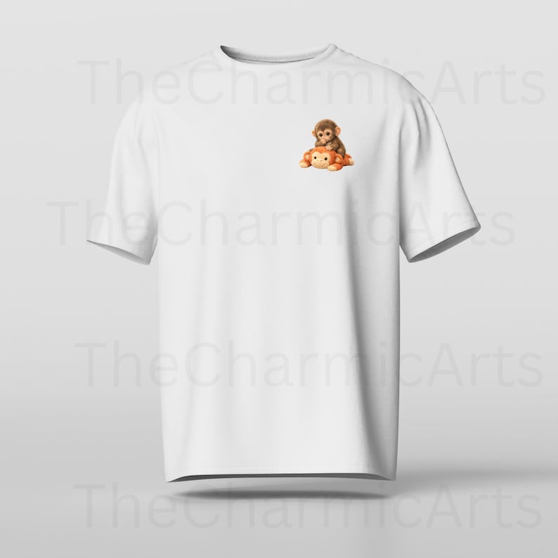 May include: A white t-shirt featuring a small, colorful graphic of two monkeys. One monkey is sitting on top of the other. The t-shirt has short sleeves and a crew neck. The graphic is located on the upper left chest area.