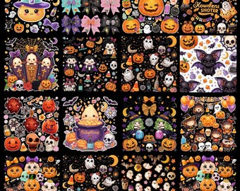 Cute Glitter Halloween Dumpling PNG Bundle, Kawaii Spooky Food Characters, Witch Pumpkin PNG,Sparkly Halloween Sublimation, Dumpling Clipart
