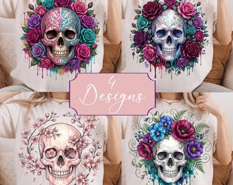 Floral Skull Clipart PNG Bundle, Gothic Flower Skull PNG, Botanical Skull Clipart, Dark Floral Sublimation, Transparent Png Digital Download